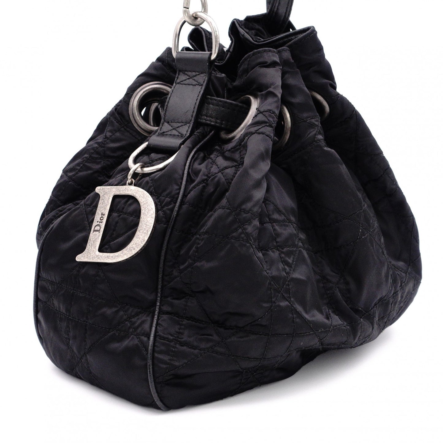 Christian Dior Drawstring Macro Cannage Shoulder Bag, Nylon, Black