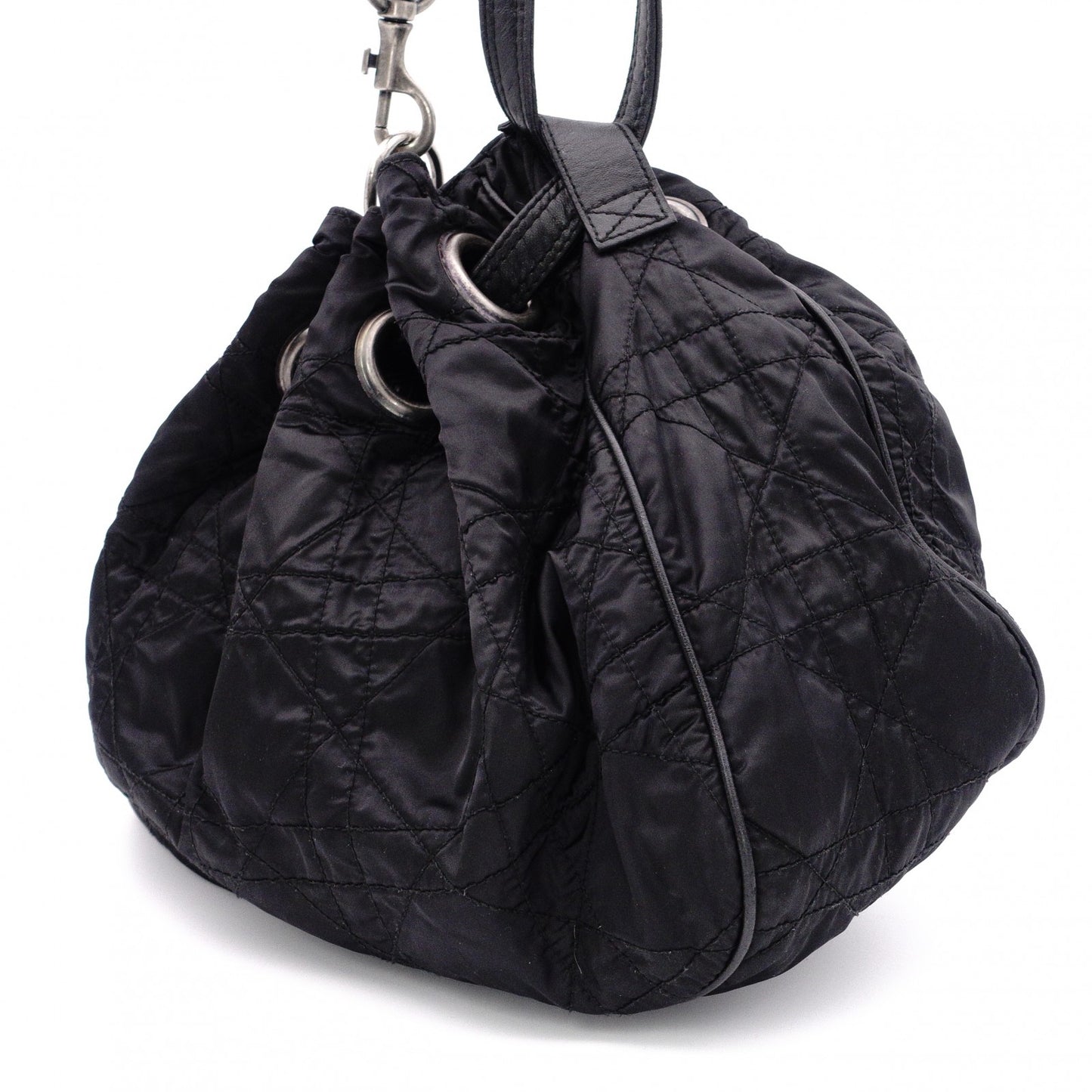 Christian Dior Drawstring Macro Cannage Shoulder Bag, Nylon, Black