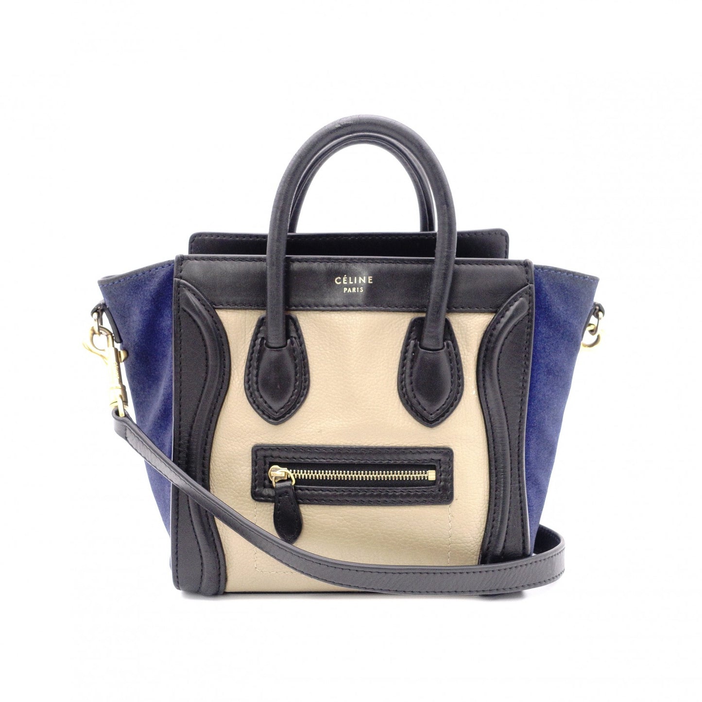 CELINE Luggage Nano Handbag, Leather, Beige, Navy, Black, 2-Way