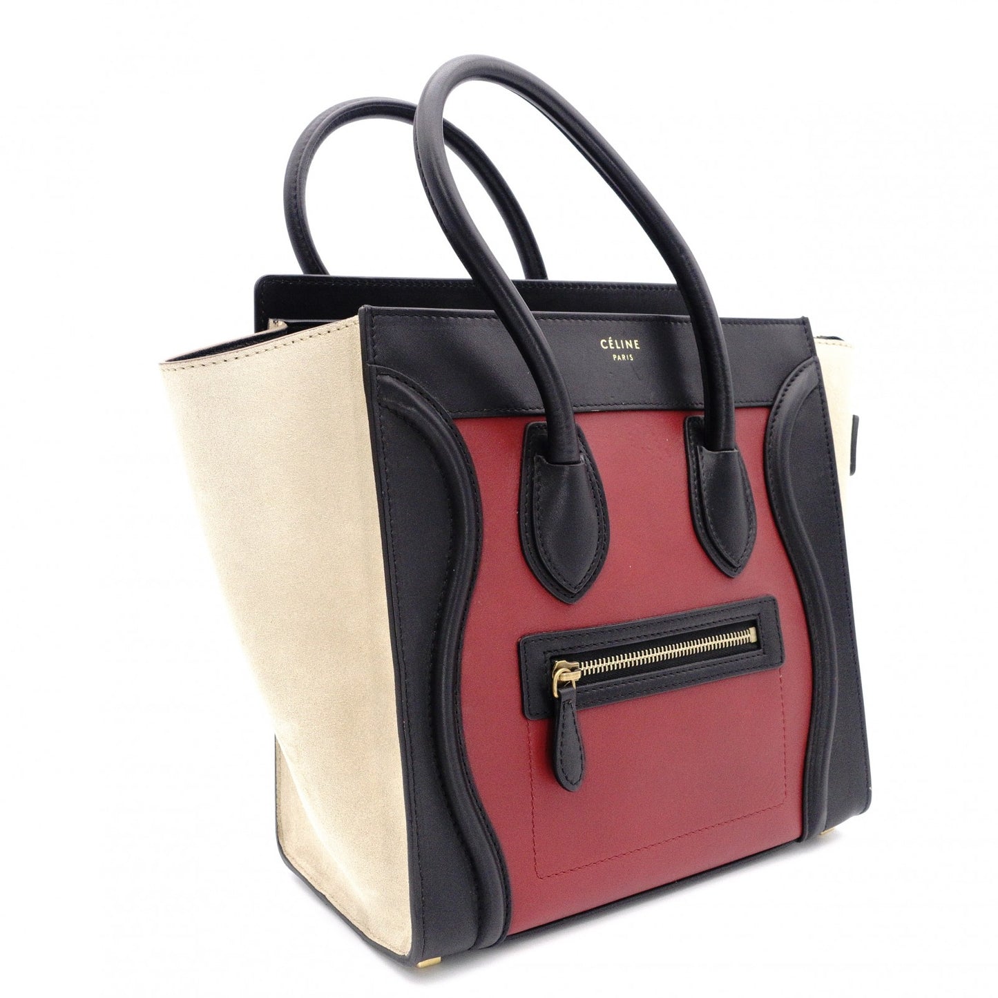 CELINE Luggage Micro Handbag, Leather, Beige and Red Tote Bag