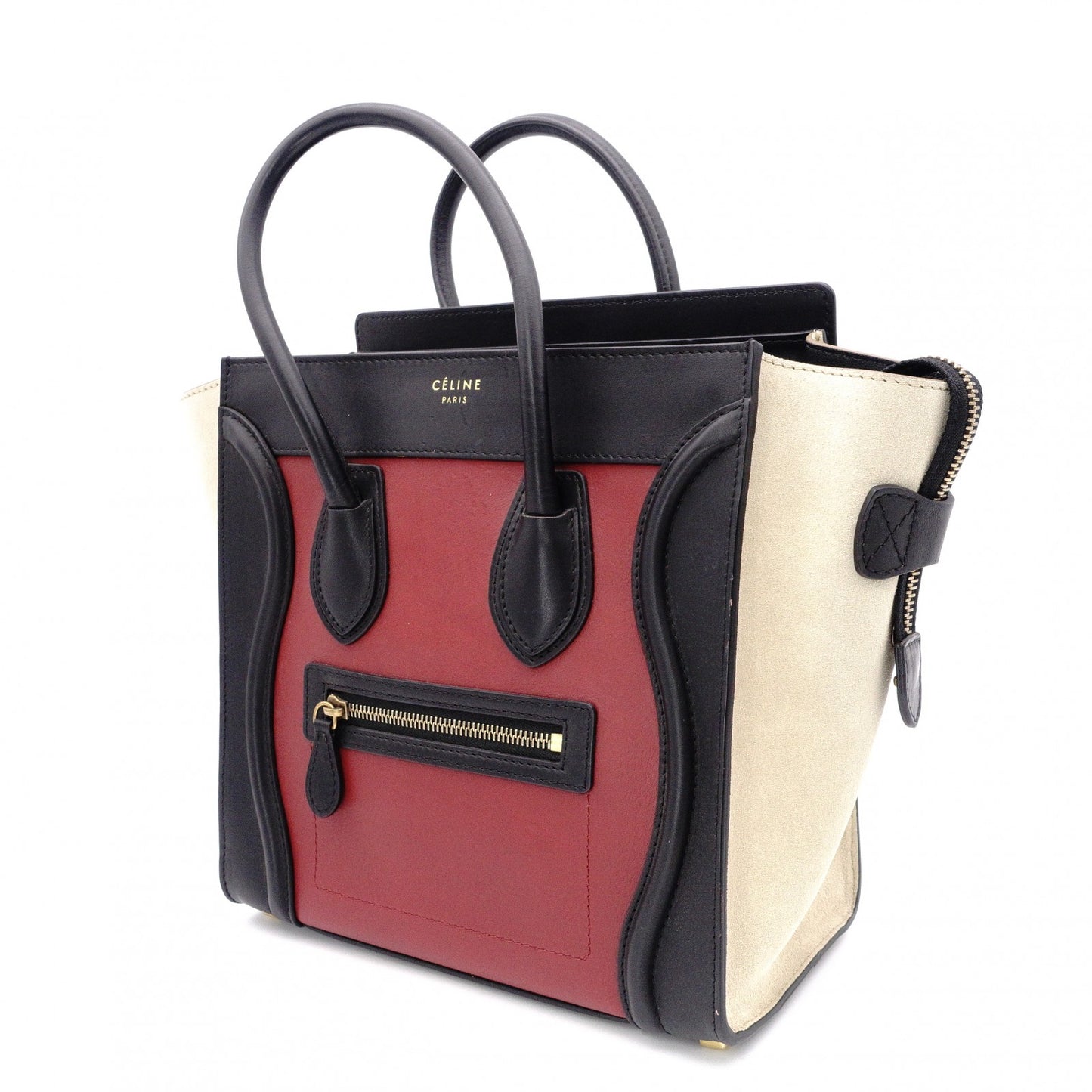 CELINE Luggage Micro Handbag, Leather, Beige and Red Tote Bag
