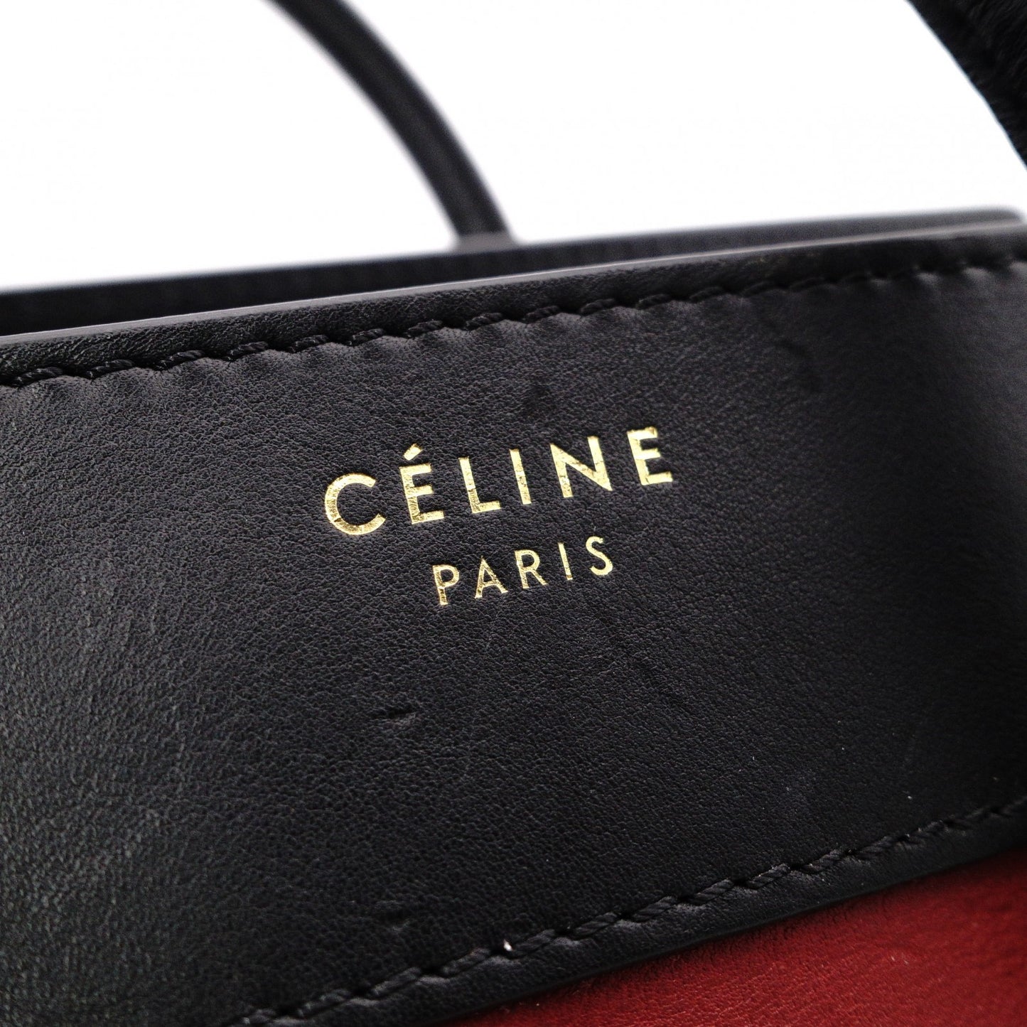 CELINE Luggage Micro Handbag, Leather, Beige and Red Tote Bag
