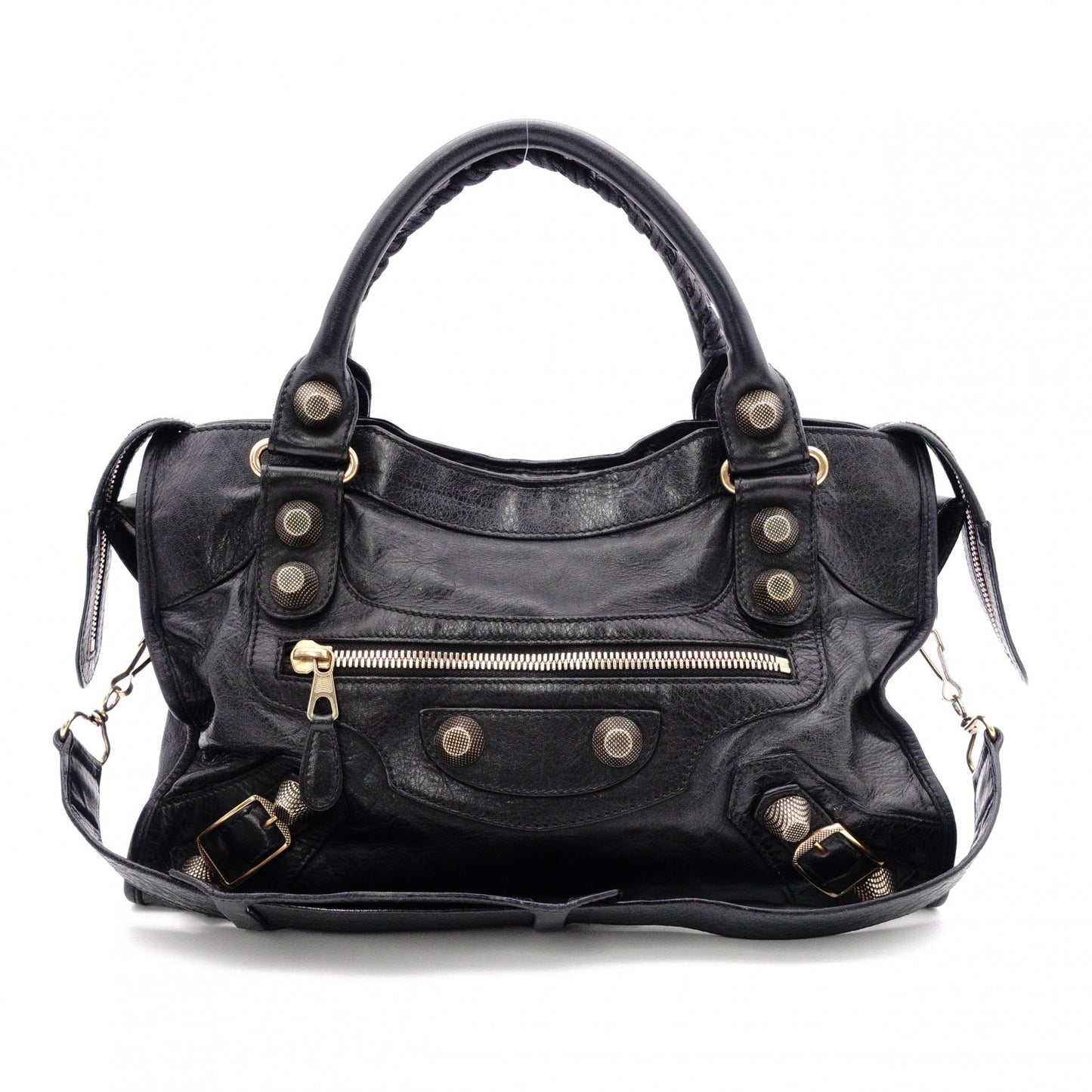 BALENCIAGA Giant City Handbag, Leather, Black, 2-Way, Gold Hardware, Crossbody