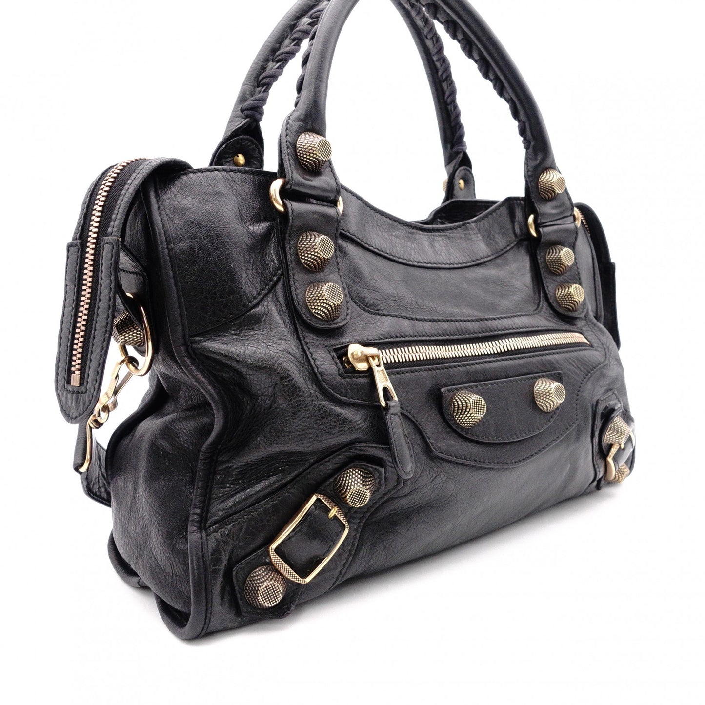 BALENCIAGA Giant City Handbag, Leather, Black, 2-Way, Gold Hardware, Crossbody
