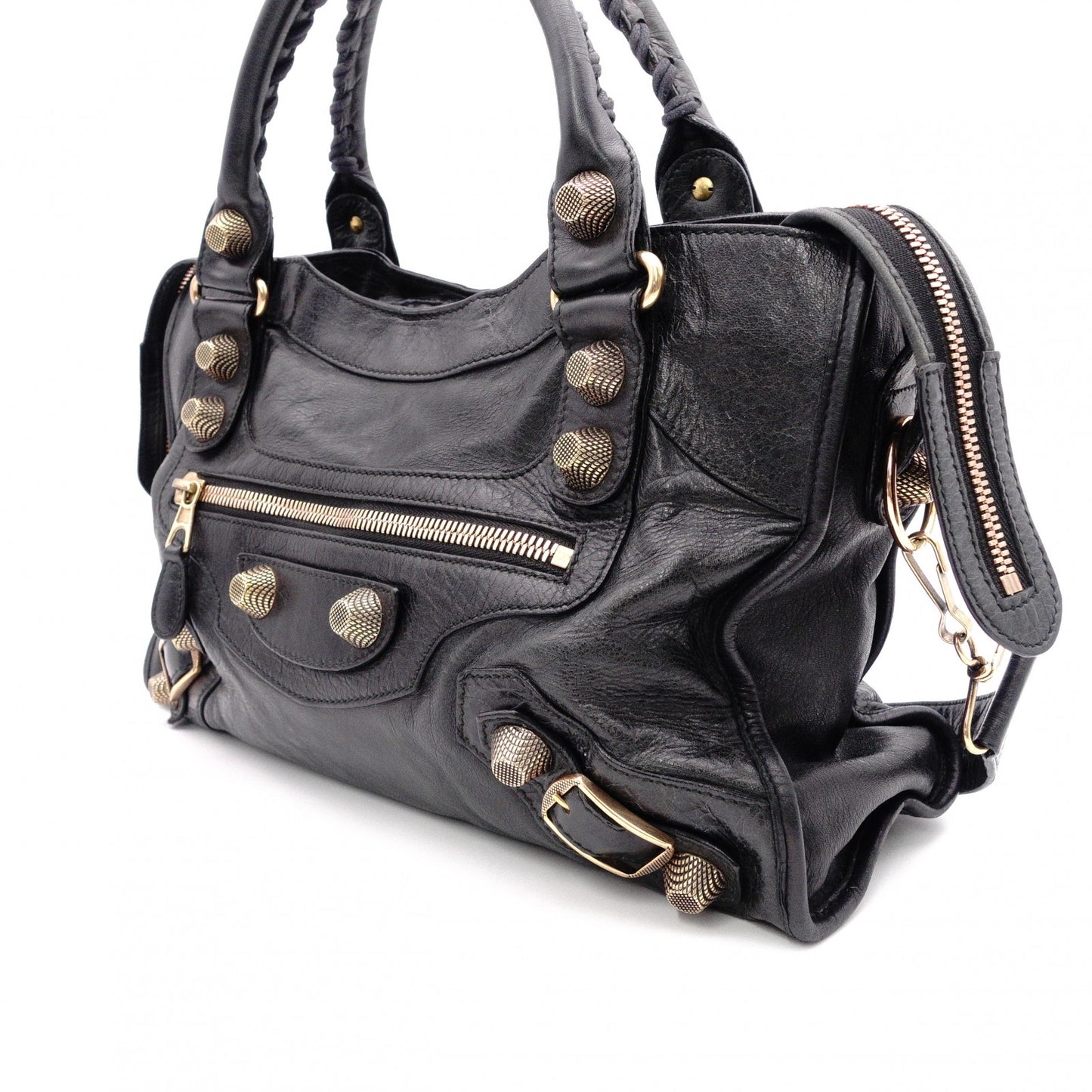 BALENCIAGA Giant City Handbag, Leather, Black, 2-Way, Gold Hardware, Crossbody