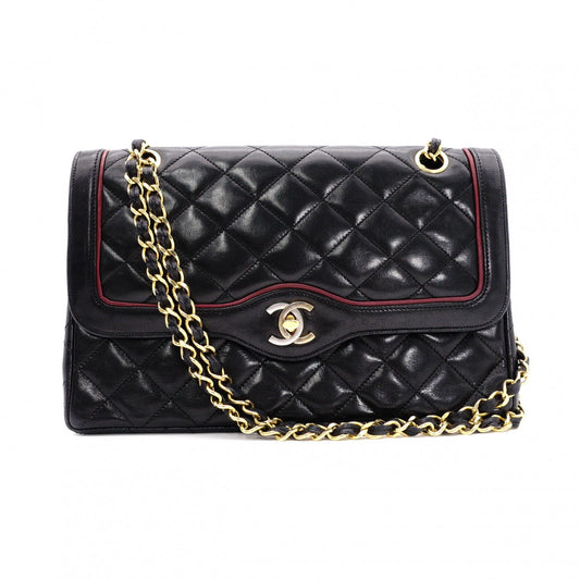 CHANEL Classic W-Flap Matelassé Shoulder Bag, Leather, Black, Vintage Lambskin