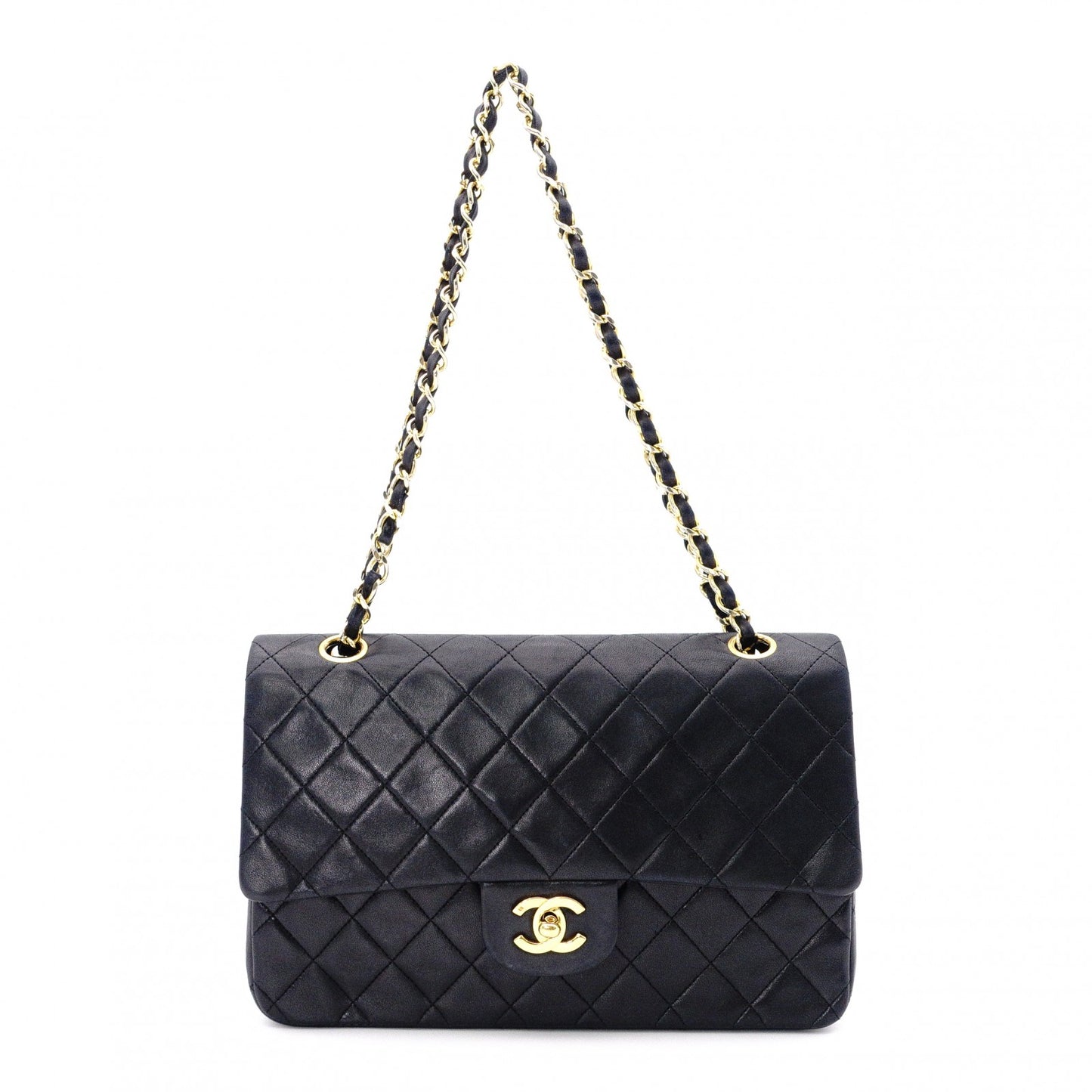 CHANEL Classic W-Flap Matelassé Shoulder Bag, Leather, Black with Gold Hardware