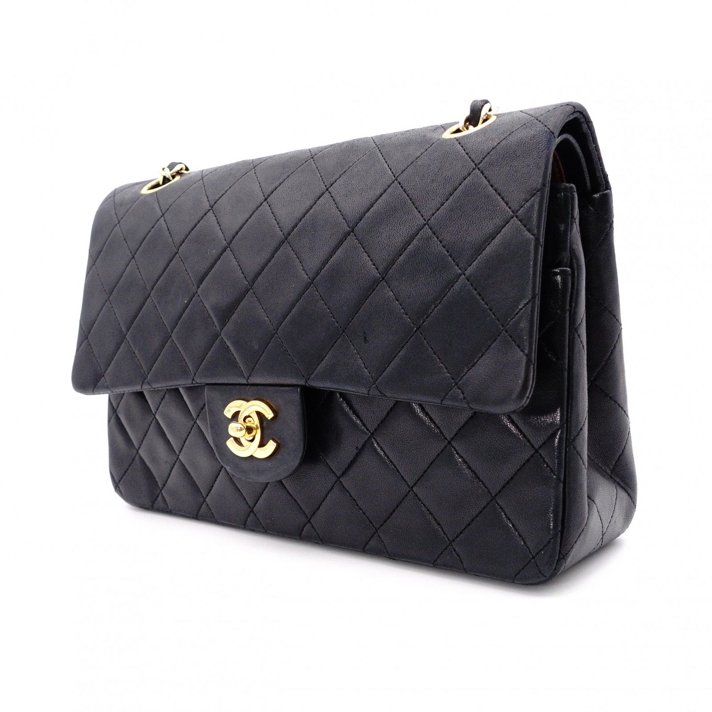 CHANEL Classic W-Flap Matelassé Shoulder Bag, Leather, Black with Gold Hardware