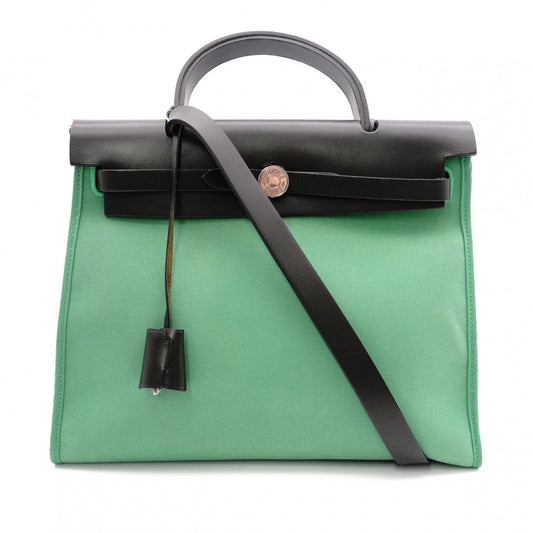 HERMES Air Bag Zip PM Handbag, Canvas/Leather, Green, 2-Way Crossbody
