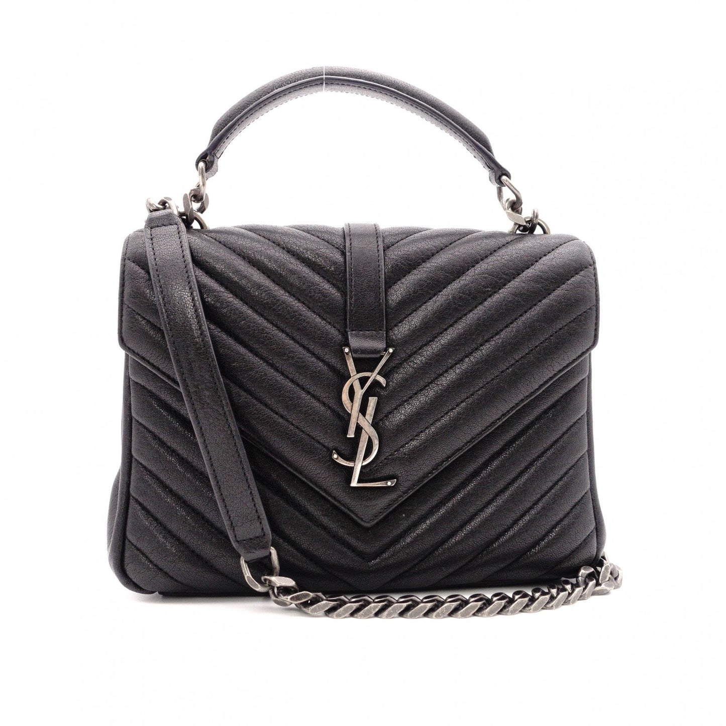 SAINT LAURENT College Shoulder Bag, Leather, Black, 2-Way, Silver Hardware