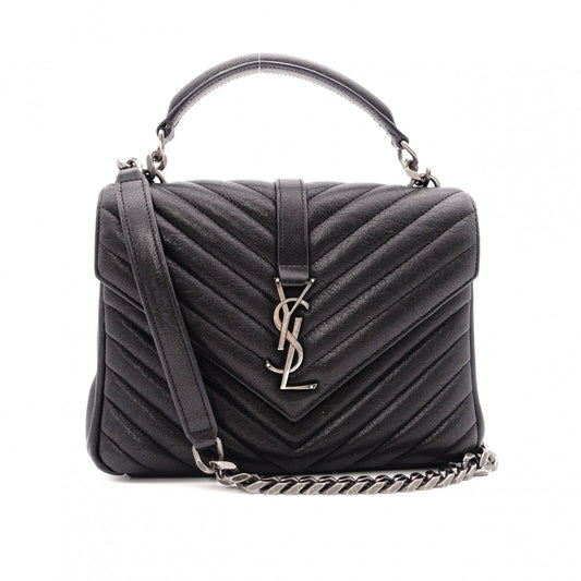 SAINT LAURENT College Shoulder Bag, Leather, Black, 2-Way, Silver Hardware