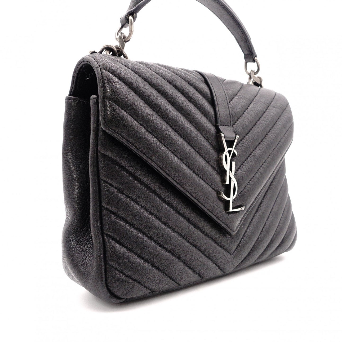 SAINT LAURENT College Shoulder Bag, Leather, Black, 2-Way, Silver Hardware