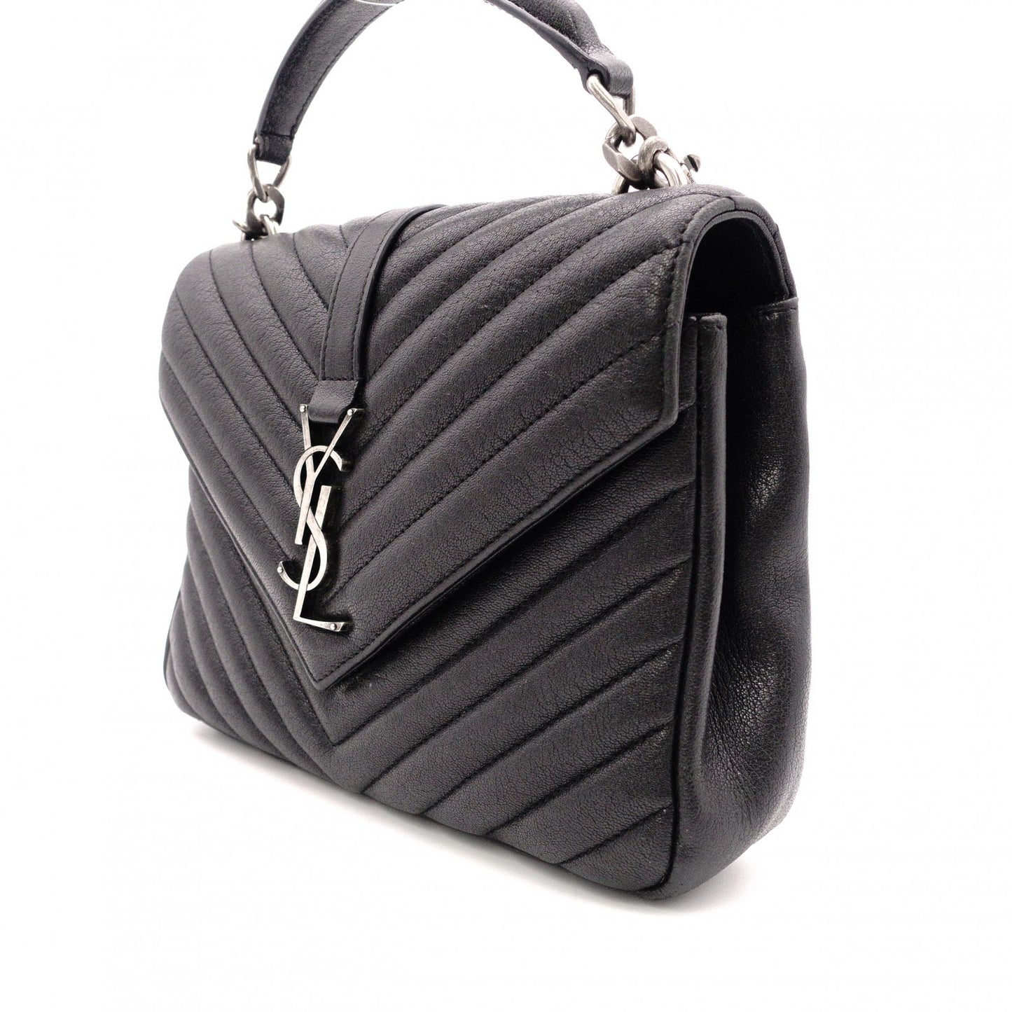 SAINT LAURENT College Shoulder Bag, Leather, Black, 2-Way, Silver Hardware