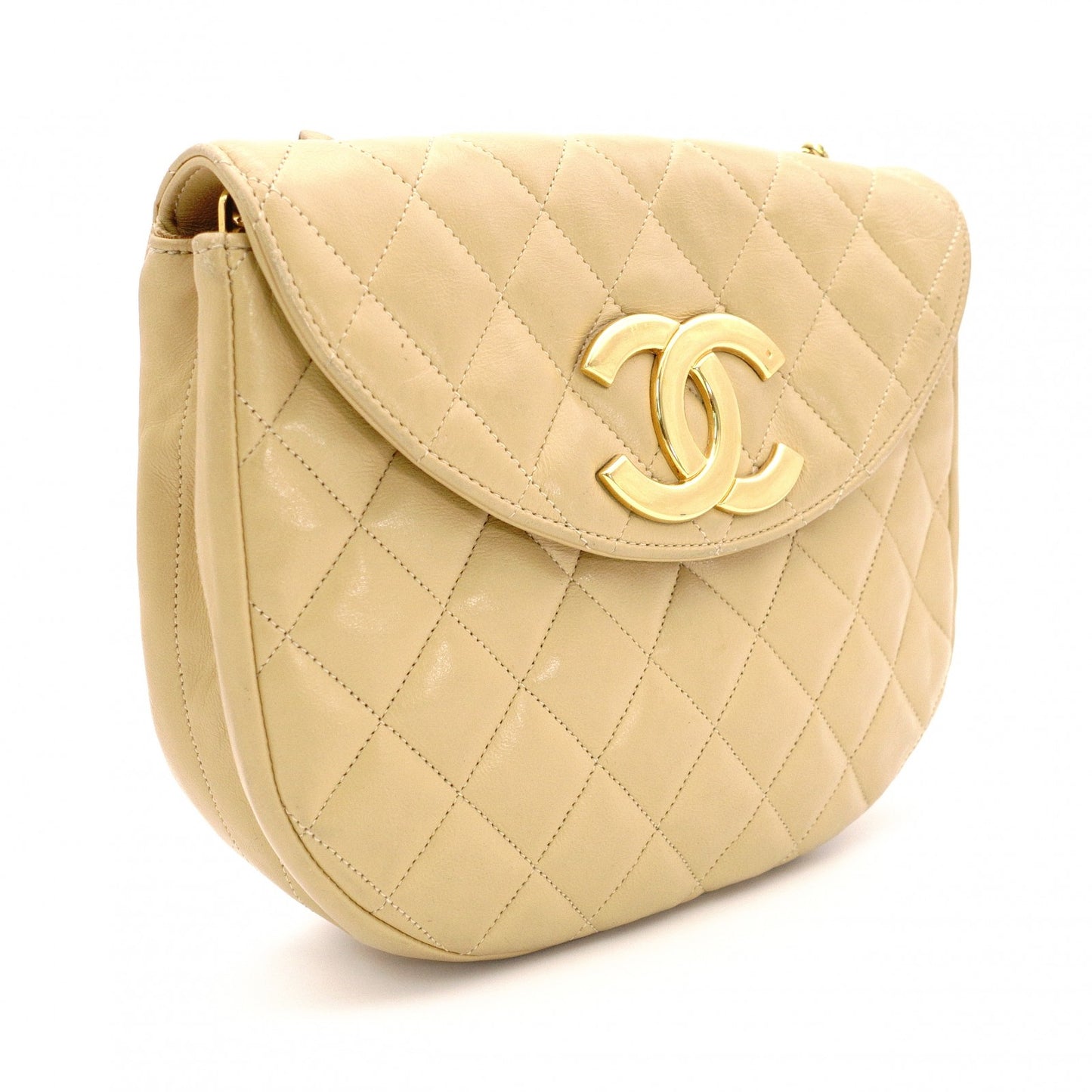 CHANEL Matelassé Shoulder Bag, Leather, Beige, Crossbody, Gold Hardware