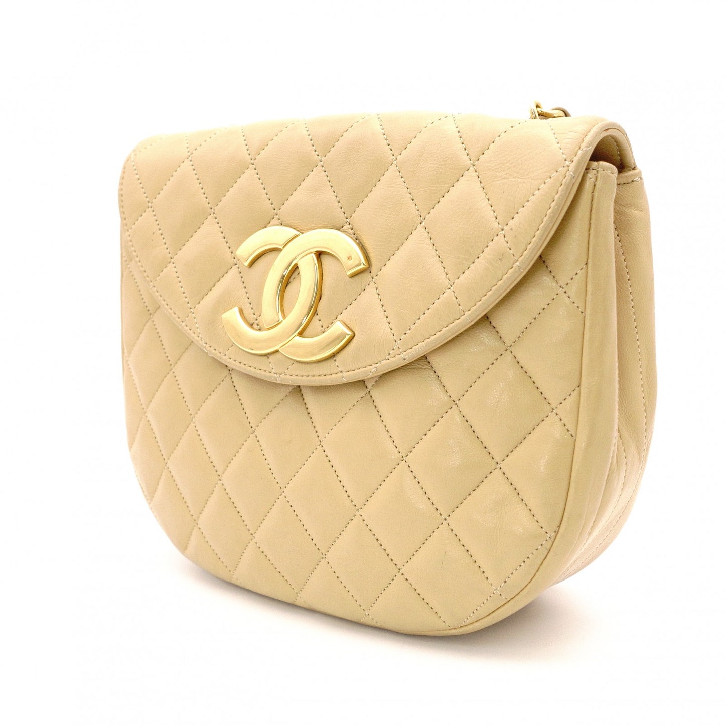 CHANEL Matelassé Shoulder Bag, Leather, Beige, Crossbody, Gold Hardware