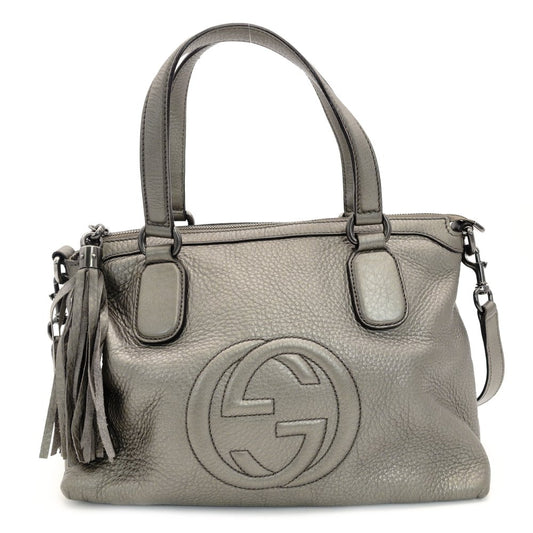 GUCCI Soho Handbag Gunmetal Silver Leather 2-Way Crossbody GG Logo 7-10-412