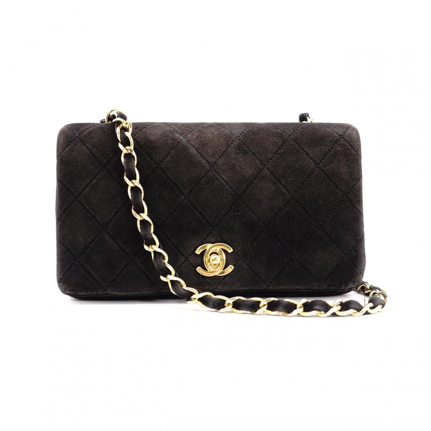 CHANEL Matelassé Shoulder Bag, Suede, Black, Gold Hardware, CC Logo, Vintage