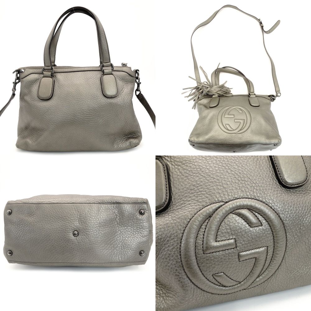 GUCCI Soho Handbag Gunmetal Silver Leather 2-Way Crossbody GG Logo 7-10-412