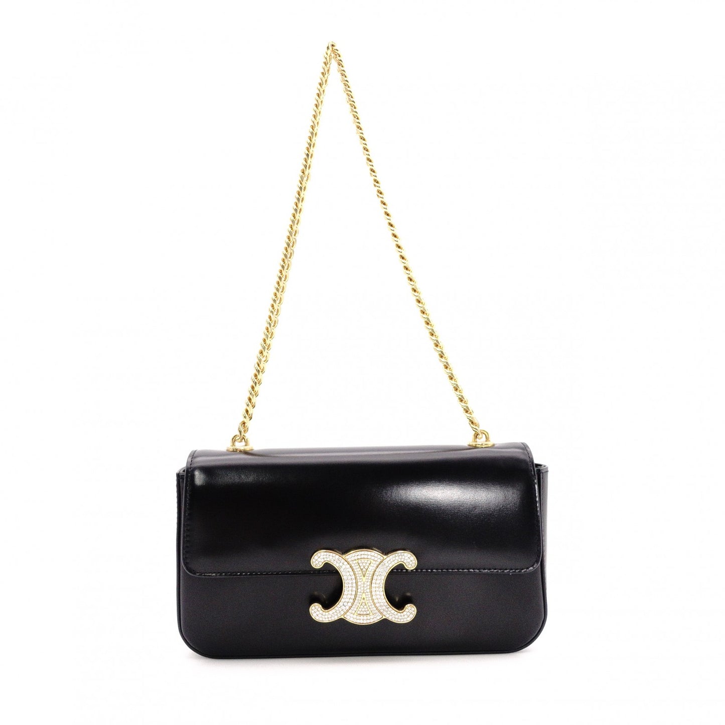 CELINE Shiny Calfskin Triomphe Shoulder Bag, Leather, Black, Rhinestones