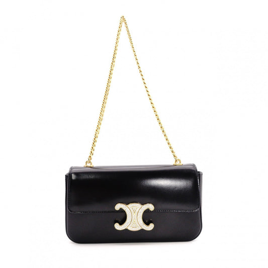 CELINE Shiny Calfskin Triomphe Shoulder Bag, Leather, Black, Rhinestones