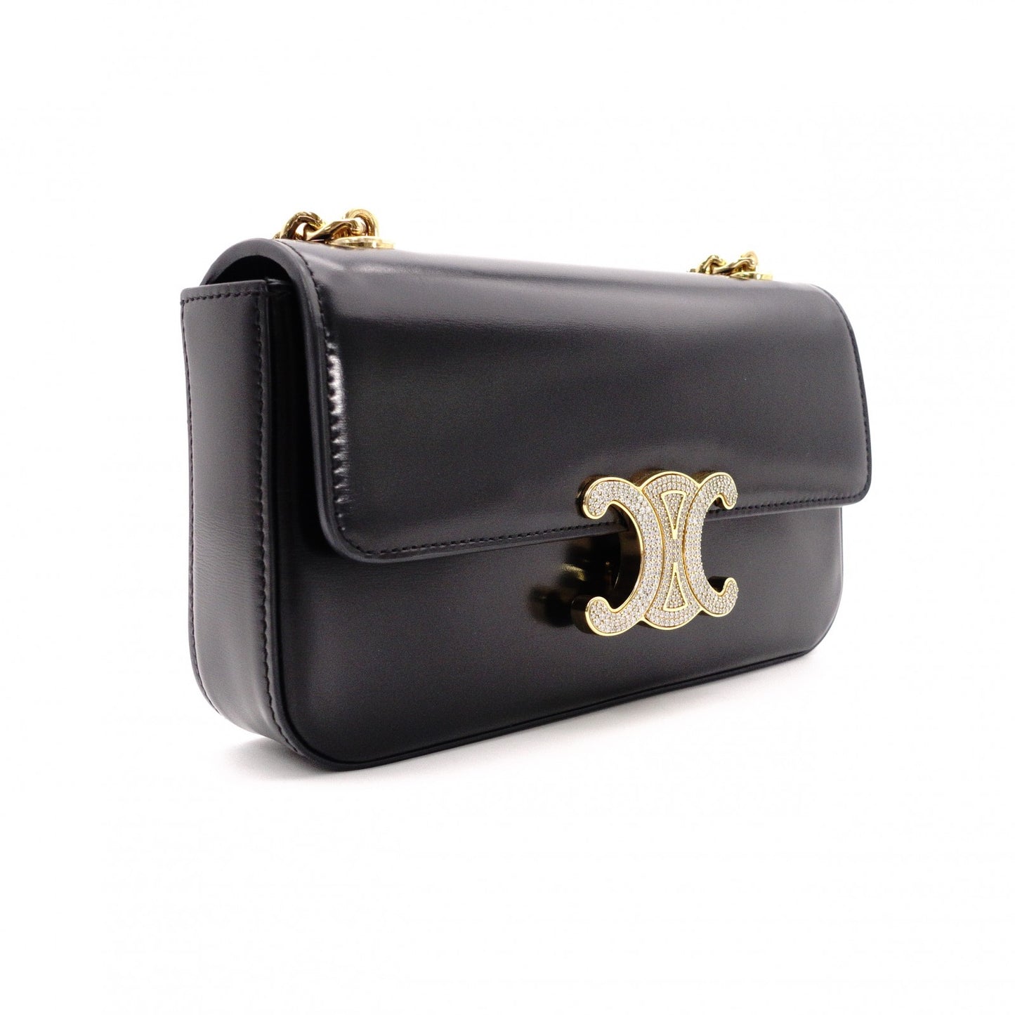 CELINE Shiny Calfskin Triomphe Shoulder Bag, Leather, Black, Rhinestones