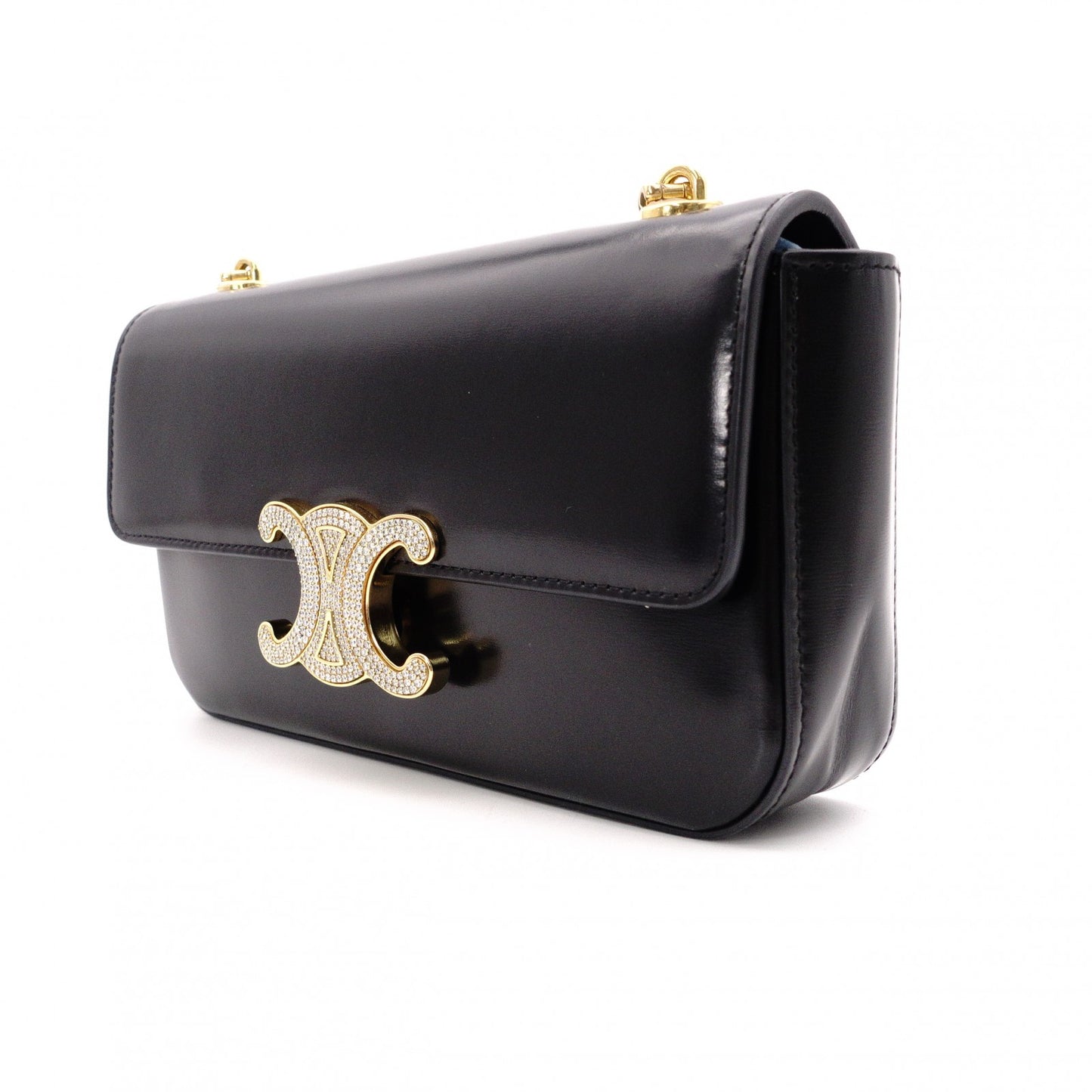 CELINE Shiny Calfskin Triomphe Shoulder Bag, Leather, Black, Rhinestones