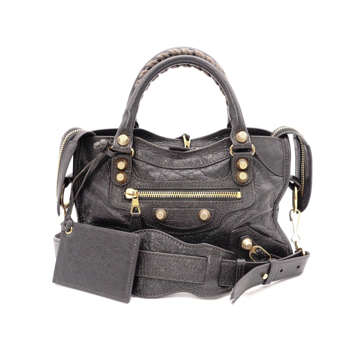 BALENCIAGA Classic Mini City Handbag, Leather, Gray, 2-Way Crossbody, Gold Hardware