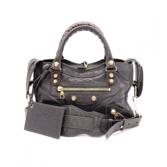 BALENCIAGA Classic Mini City Handbag, Leather, Gray, 2-Way Crossbody, Gold Hardware