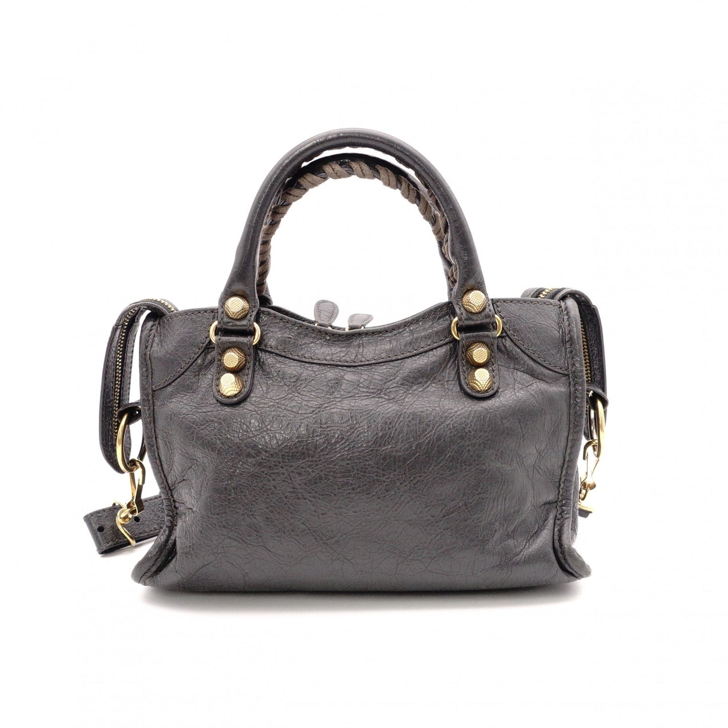 BALENCIAGA Classic Mini City Handbag, Leather, Gray, 2-Way Crossbody, Gold Hardware