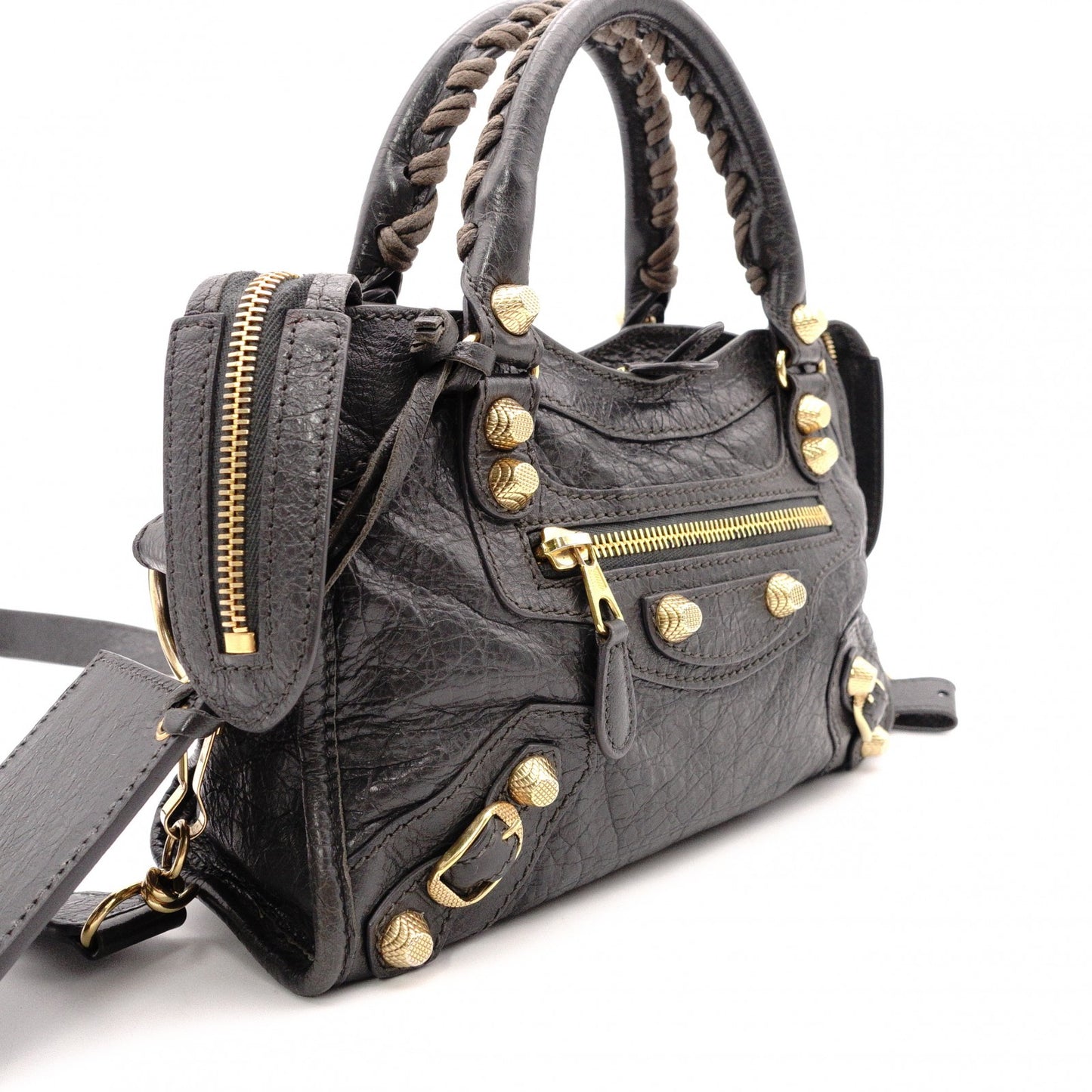 BALENCIAGA Classic Mini City Handbag, Leather, Gray, 2-Way Crossbody, Gold Hardware