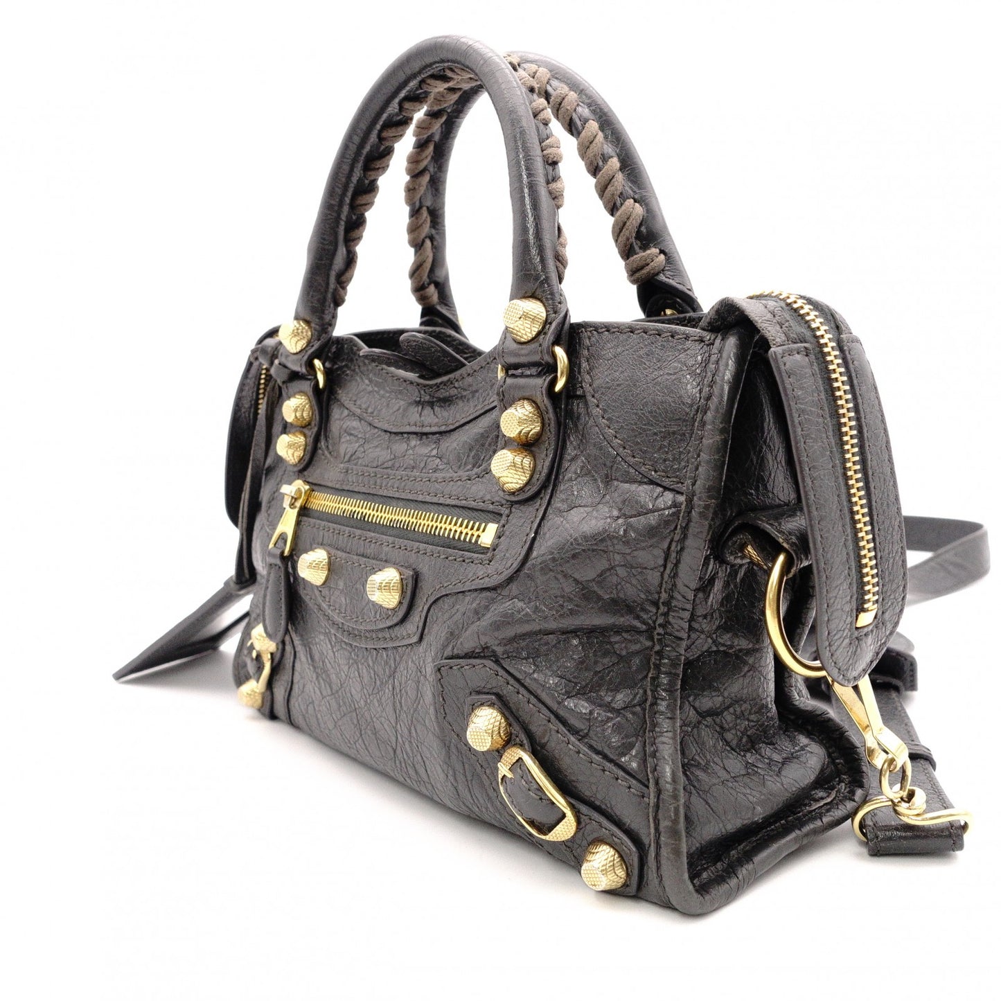BALENCIAGA Classic Mini City Handbag, Leather, Gray, 2-Way Crossbody, Gold Hardware