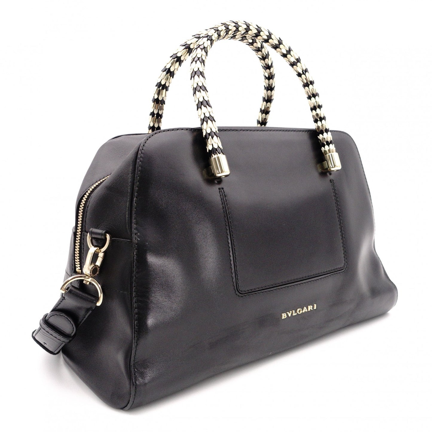 BVLGARI Scallie Serpenti Handbag, Leather, 2-Way, Black, Shoulder Bag