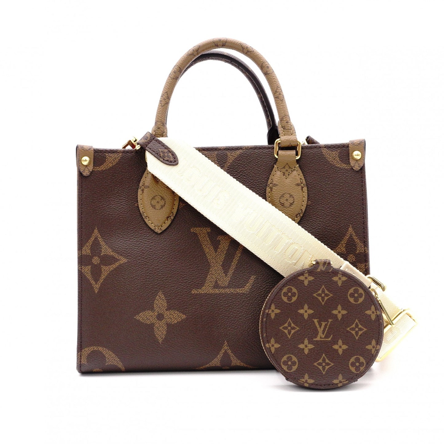 LOUIS VUITTON On the Go PM Monogram Reverse Handbag, PVC, Brown, 2-Way Crossbody