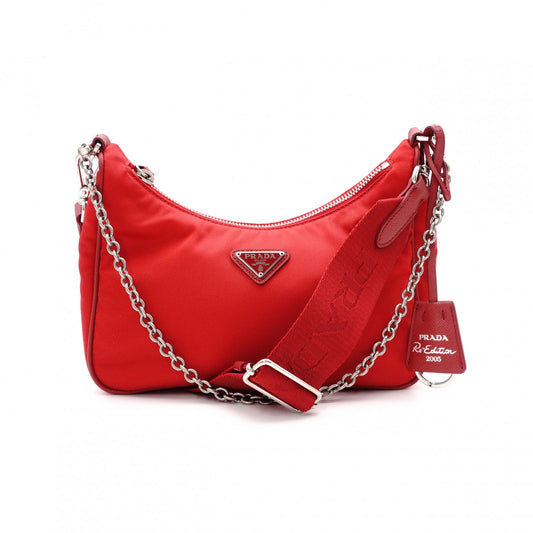 PRADA Re-Edition 2005 Shoulder Bag, Nylon, Red, 2-Way Crossbody, Silver Hardware