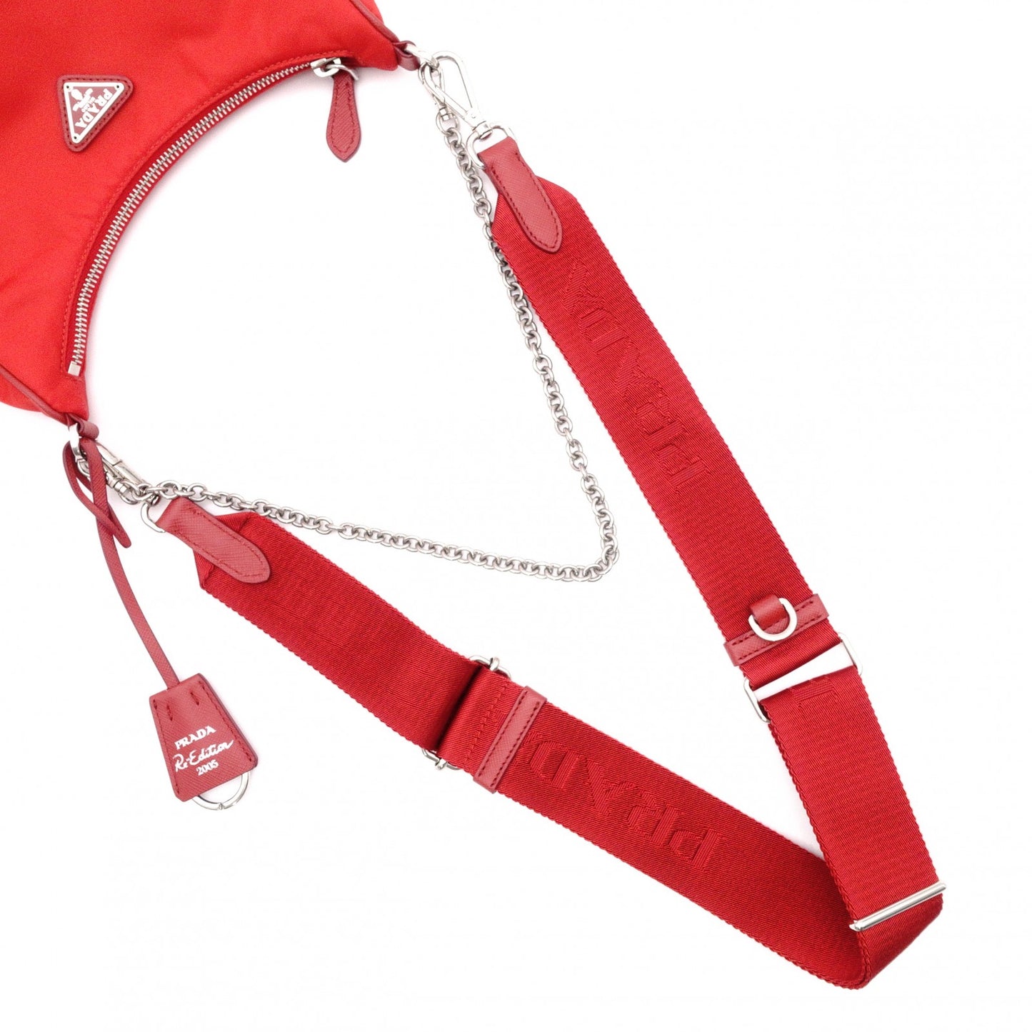 PRADA Re-Edition 2005 Shoulder Bag, Nylon, Red, 2-Way Crossbody, Silver Hardware