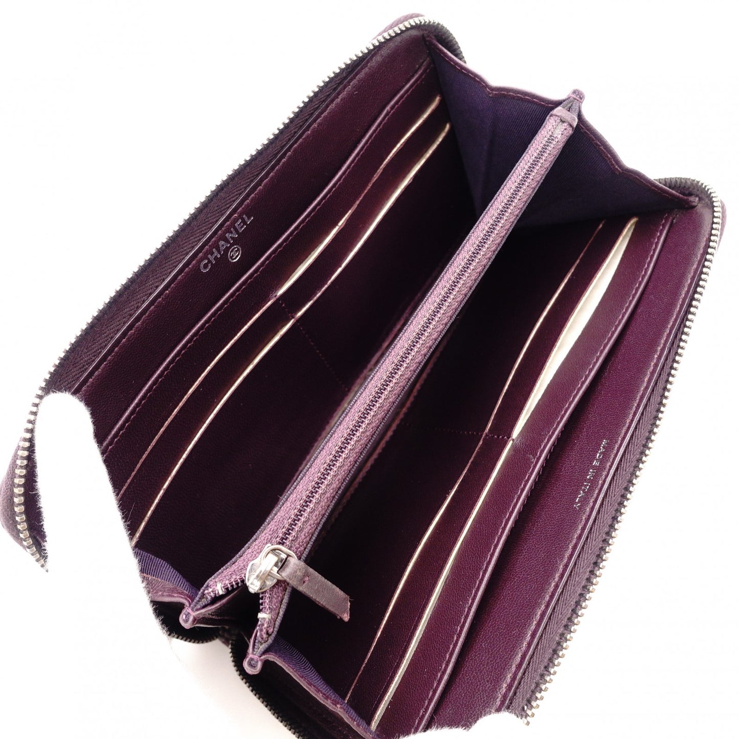 CHANEL Matelassé Long Wallet Leather Purple Wallet Silver Hardware