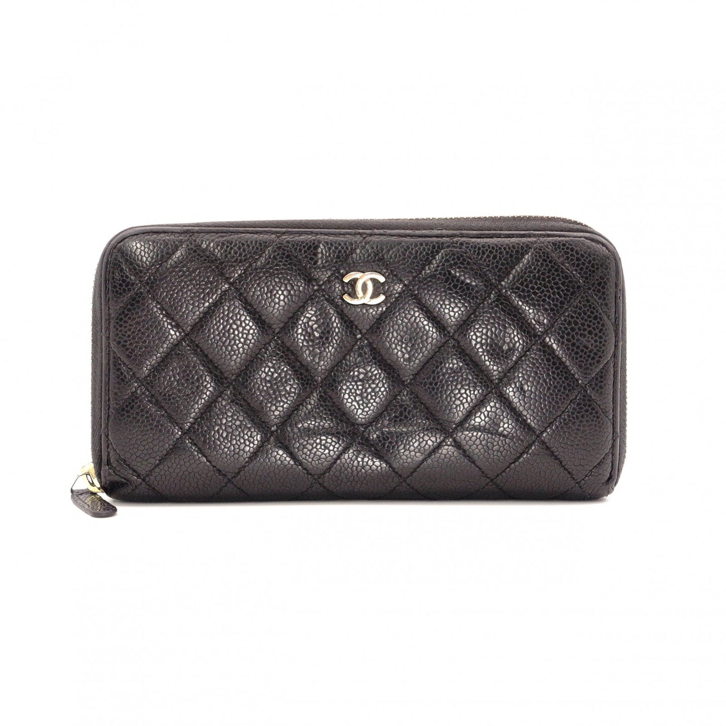 CHANEL Caviar Skin Matelassé Long Wallet, Leather, Black, Gold Hardware, CC Logo