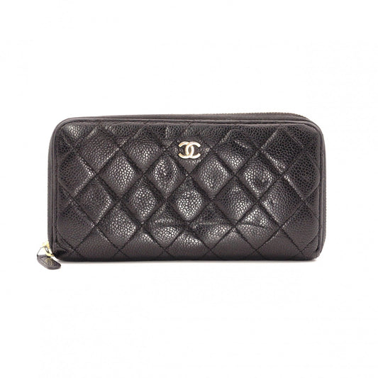 CHANEL Caviar Skin Matelassé Long Wallet, Leather, Black, Gold Hardware, CC Logo
