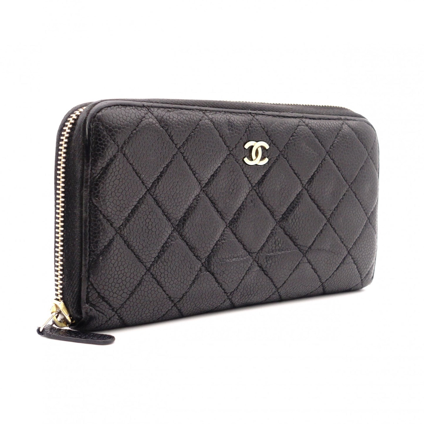 CHANEL Caviar Skin Matelassé Long Wallet, Leather, Black, Gold Hardware, CC Logo