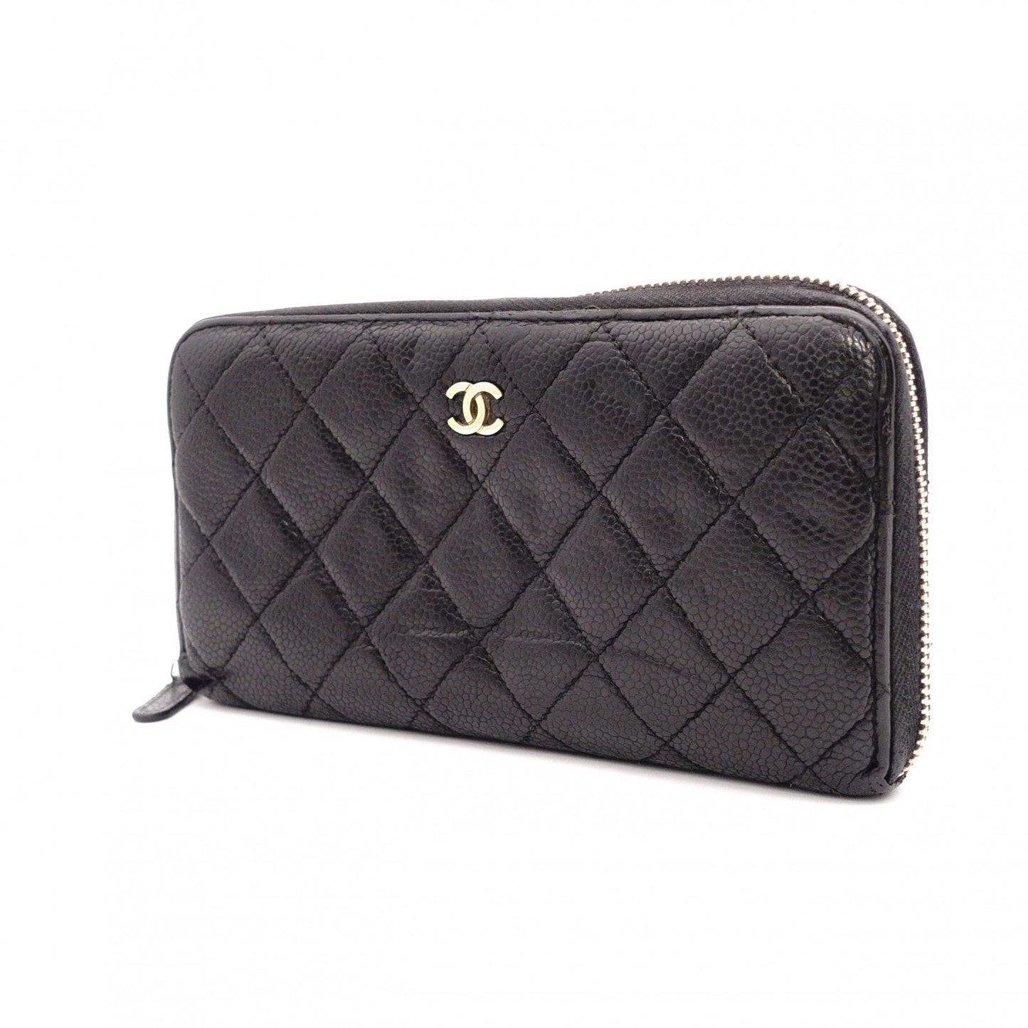 CHANEL Caviar Skin Matelassé Long Wallet, Leather, Black, Gold Hardware, CC Logo