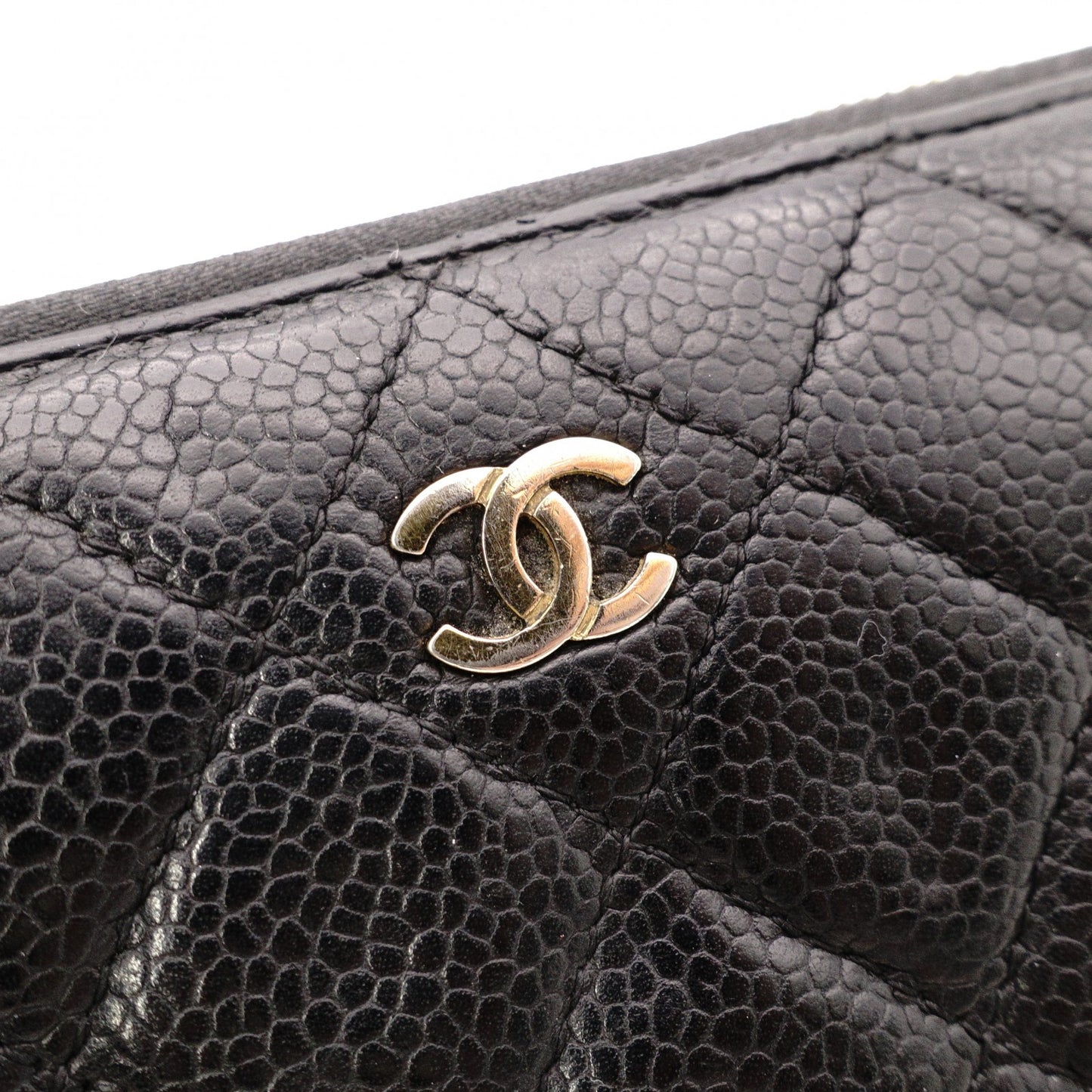 CHANEL Caviar Skin Matelassé Long Wallet, Leather, Black, Gold Hardware, CC Logo