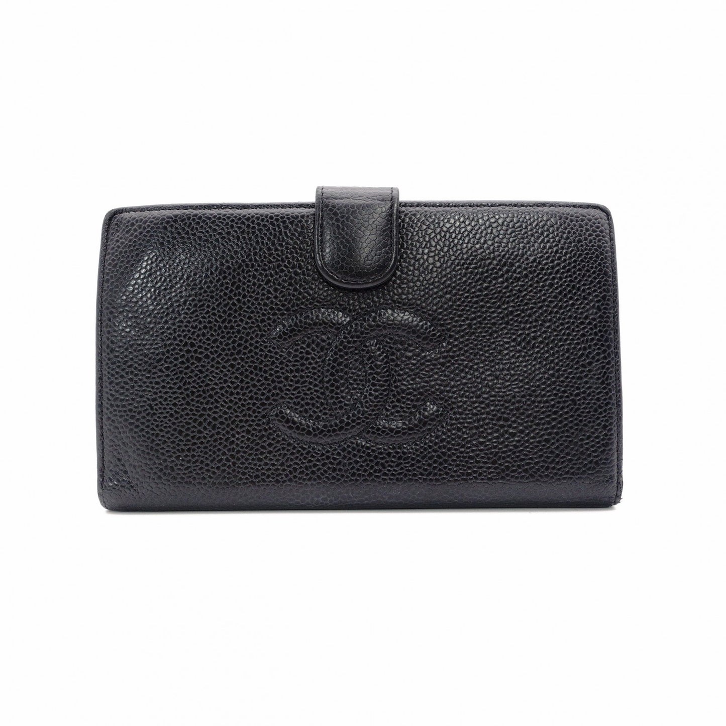 CHANEL Long Wallet Leather Black Caviar Skin Coin Purse Wallet
