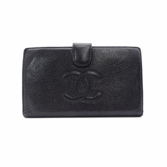 CHANEL Long Wallet Leather Black Caviar Skin Coin Purse Wallet