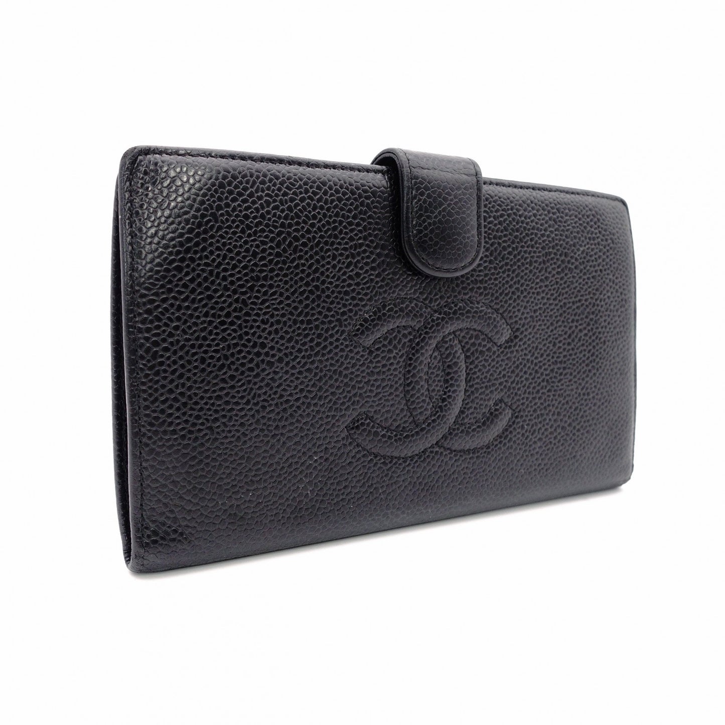 CHANEL Long Wallet Leather Black Caviar Skin Coin Purse Wallet