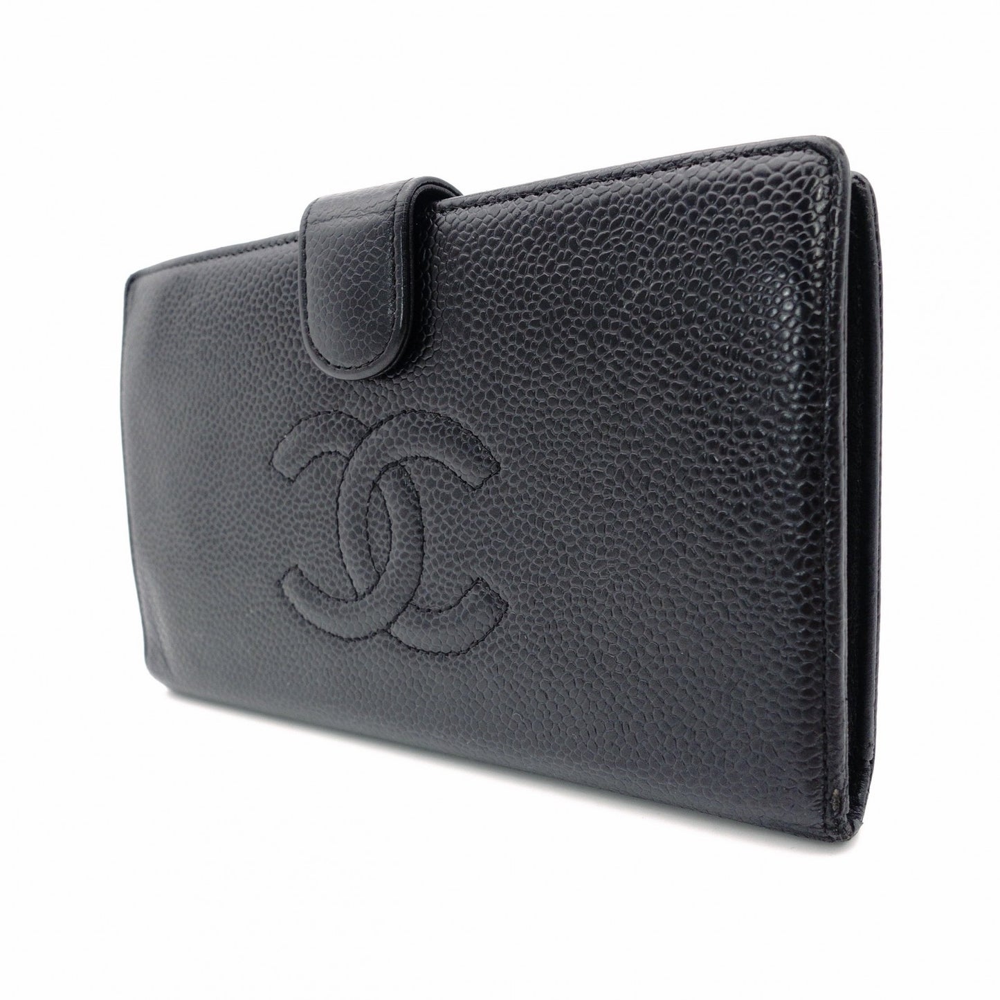 CHANEL Long Wallet Leather Black Caviar Skin Coin Purse Wallet