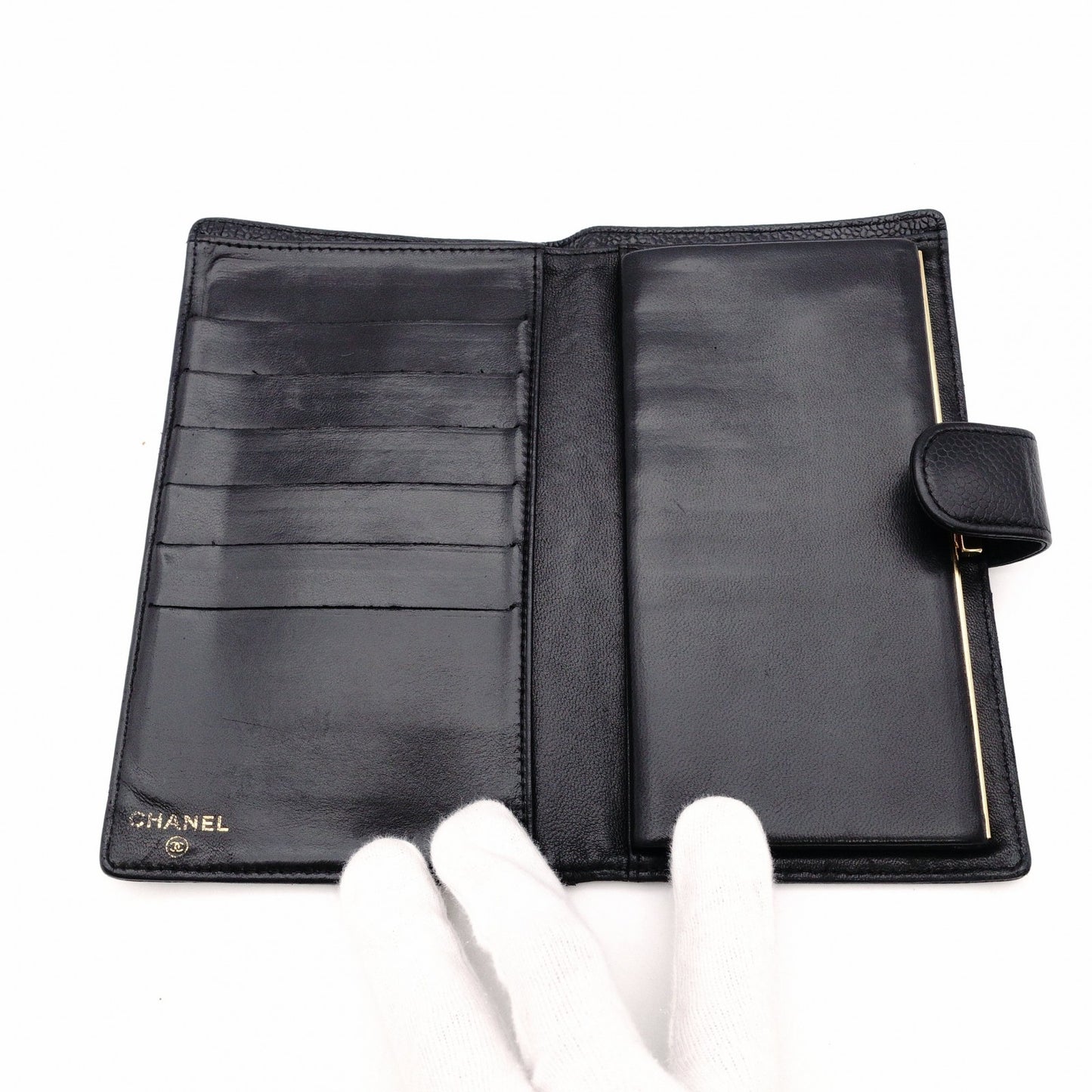 CHANEL Long Wallet Leather Black Caviar Skin Coin Purse Wallet