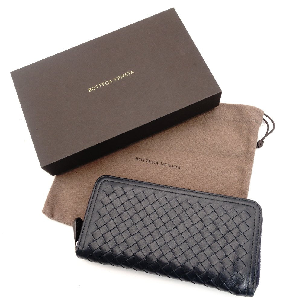 Bottega Veneta Intrecciato Navy Long Wallet Leather Wallet Men's With Box 7-7-883
