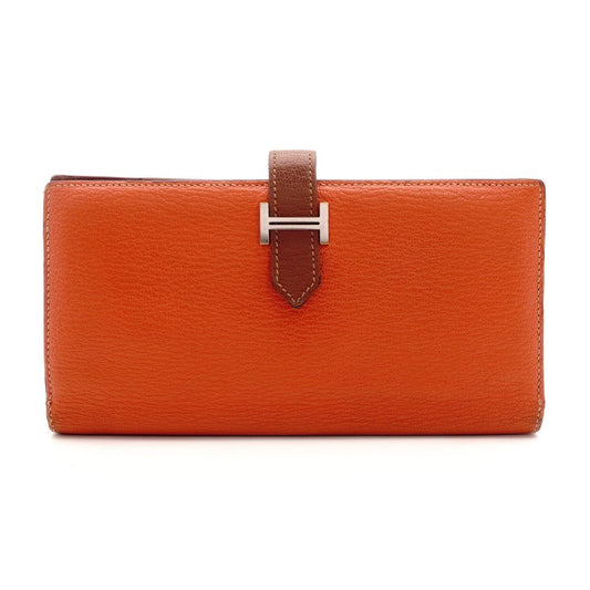 HERMES Béan Soufflé Orange × Brown Leather Silver Hardware Q Stamped Long Wallet Wallet 7-10-472