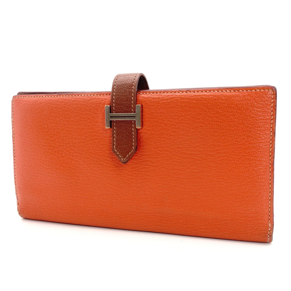 HERMES Béan Soufflé Orange × Brown Leather Silver Hardware Q Stamped Long Wallet Wallet 7-10-472