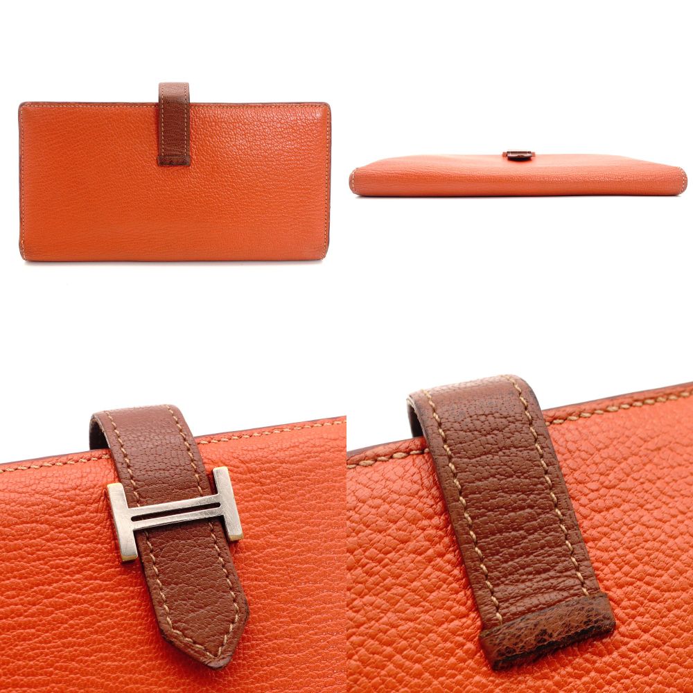 HERMES Béan Soufflé Orange × Brown Leather Silver Hardware Q Stamped Long Wallet Wallet 7-10-472